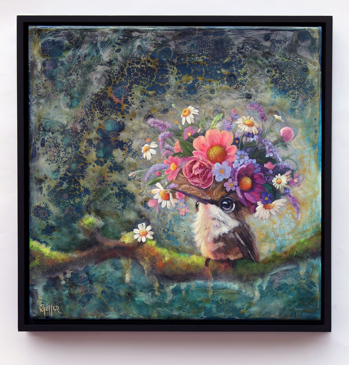 CARRIE GOLLER - Mosswyn (Floriferous Bouffant Collection Hummingbird) Mixed media - original oil/encaustic 12x12 (framed)