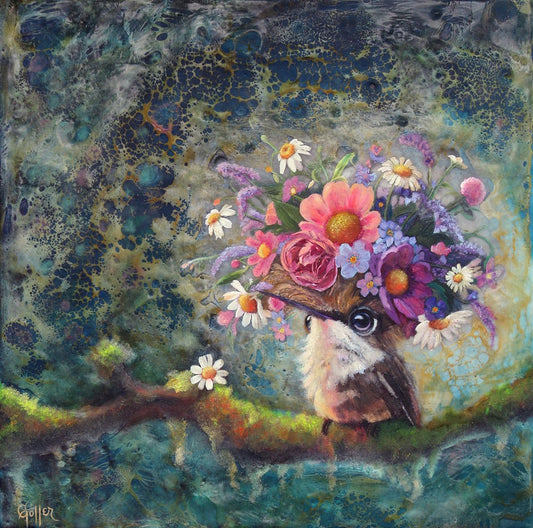 CARRIE GOLLER - Mosswyn (Floriferous Bouffant Collection Hummingbird) Mixed media - original oil/encaustic 12x12 (framed)