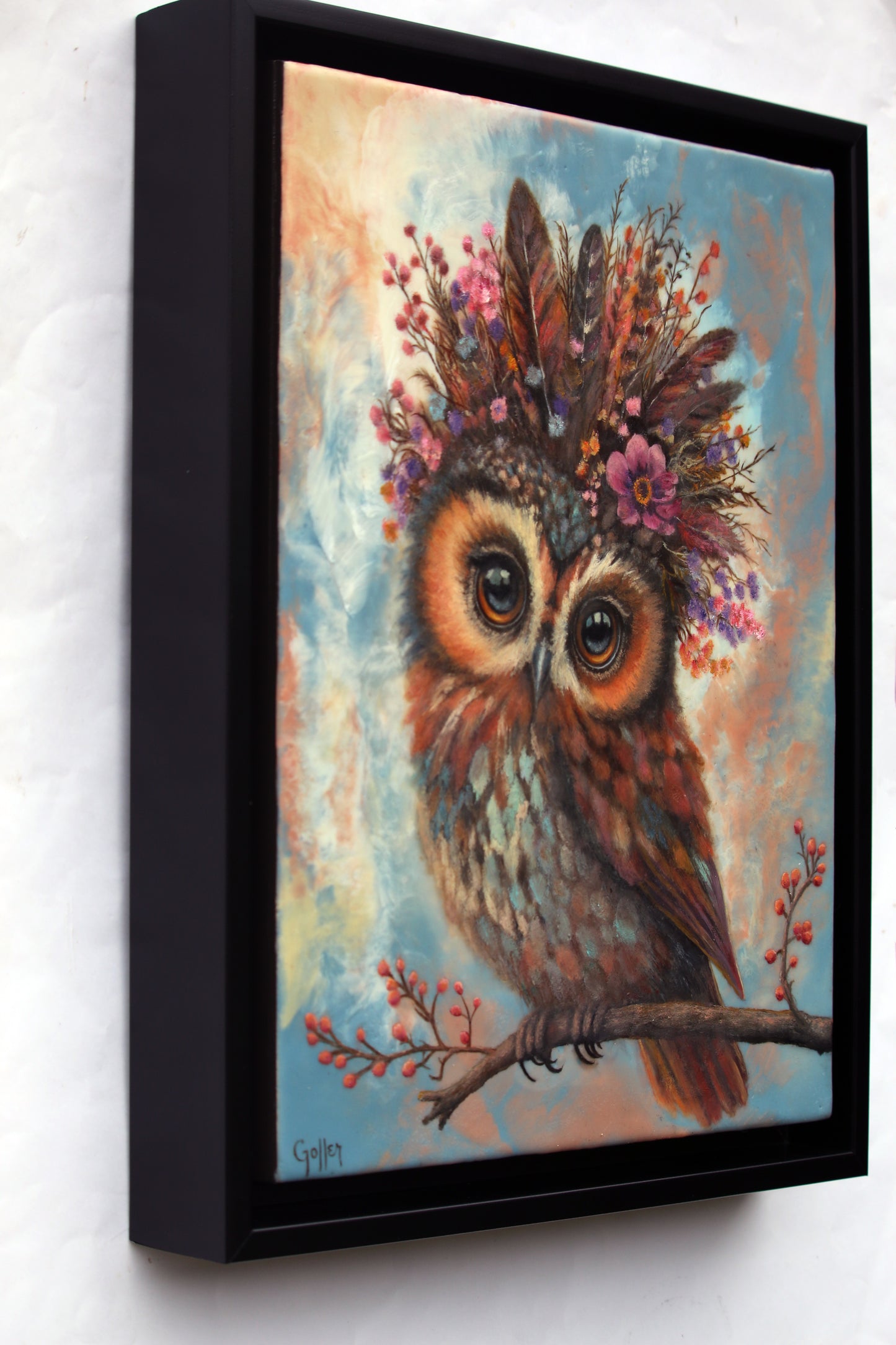 CARRIE GOLLER - Myrtle, Floriferous Owl, Mixed Media - Oil/Encaustic 14"x11"