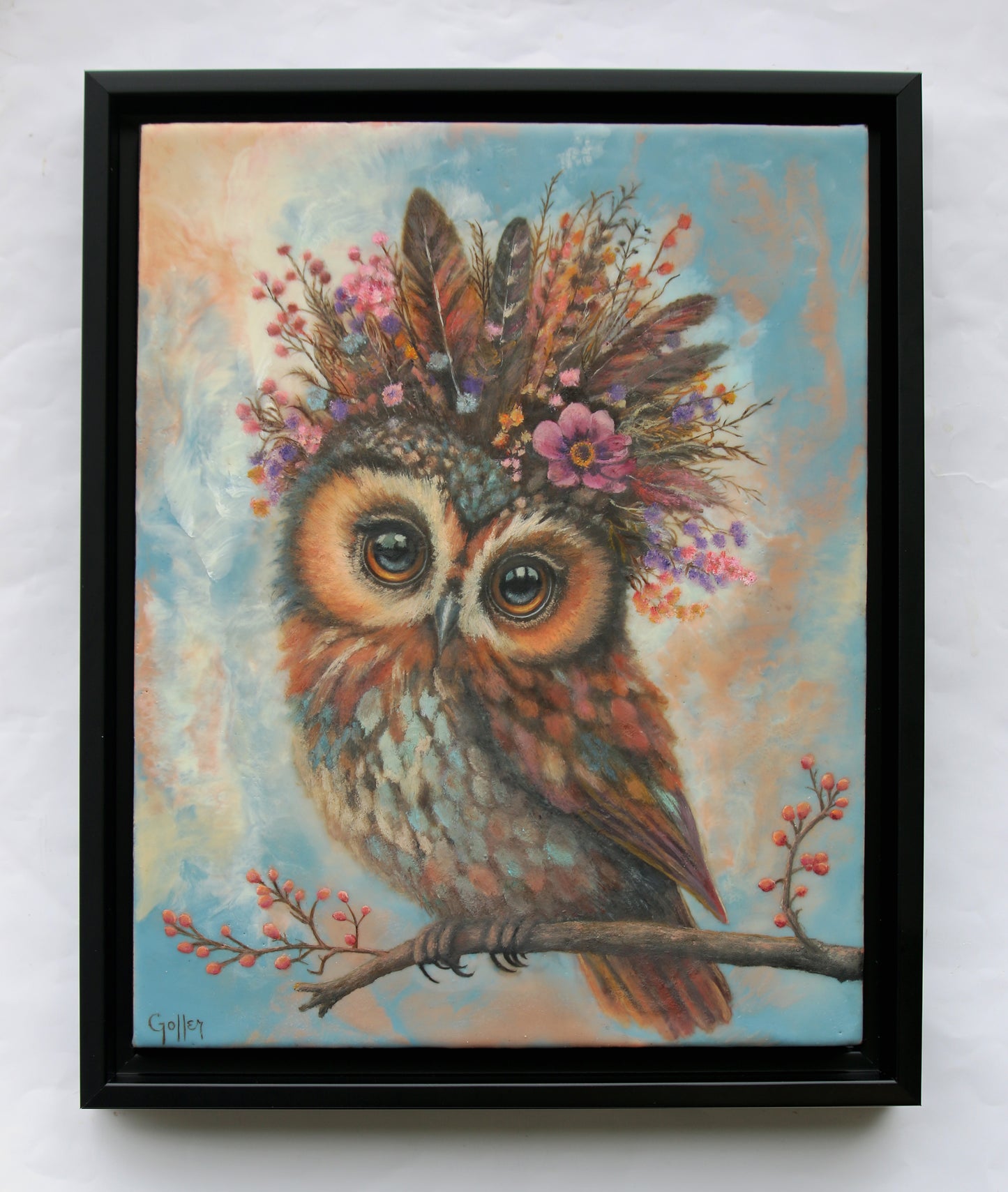 CARRIE GOLLER - Myrtle, Floriferous Owl, Mixed Media - Oil/Encaustic 14"x11"