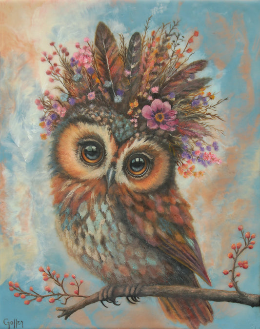 CARRIE GOLLER - Myrtle, Floriferous Owl, Mixed Media - Oil/Encaustic 14"x11"