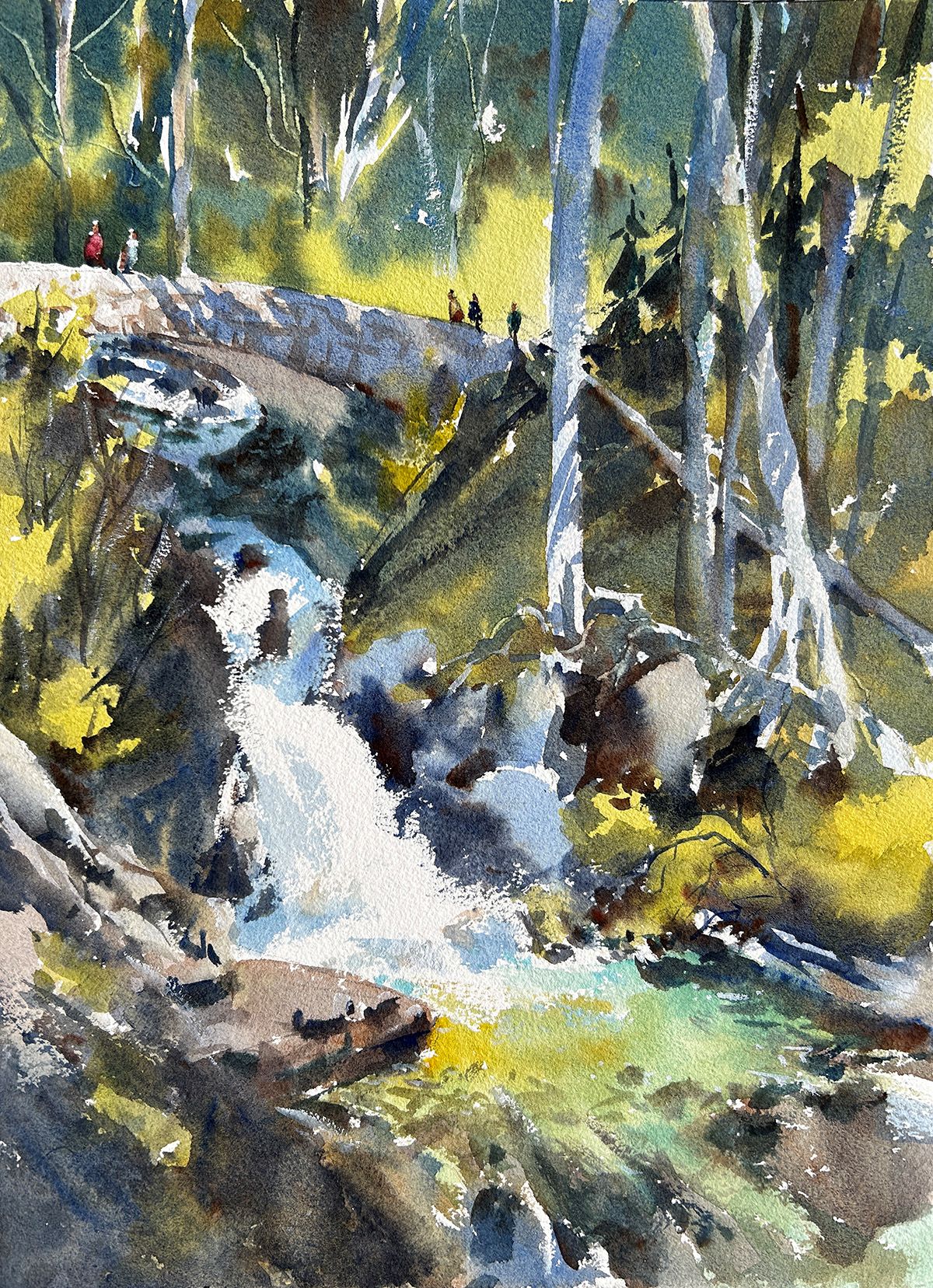 Ina Xi -Narada Falls in Spring, Original Watercolor, 13" x 17" framed