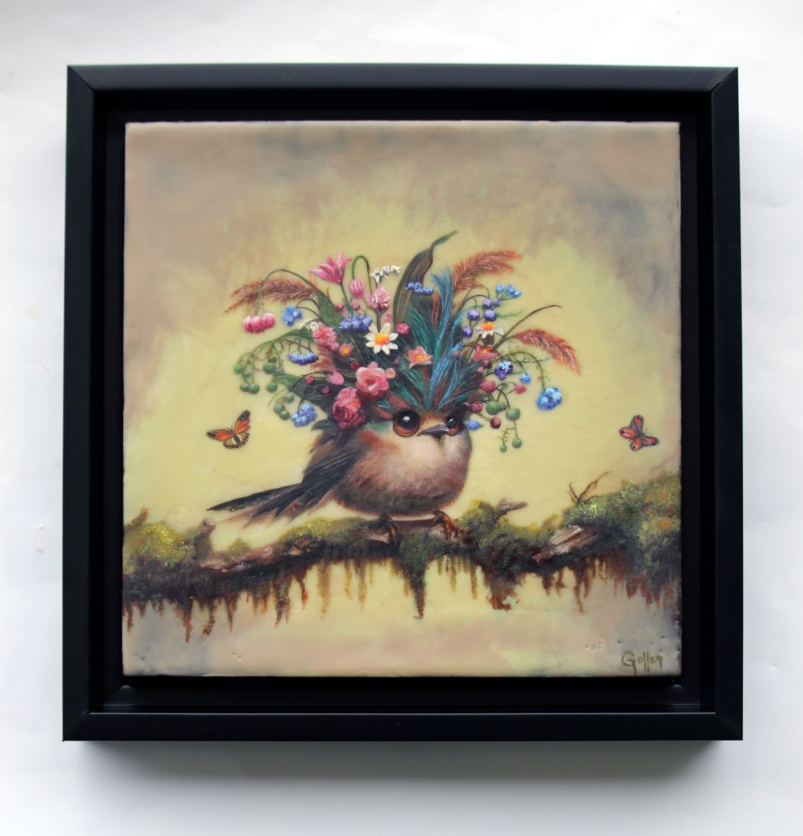 CARRIE GOLLER -  Natasha, Floriferous Collection, Mixed media oil/encaustic 8x8 (Bird)******At Rehs Contemporary Galleries, NYC, please inquire at (212) 355-5710***