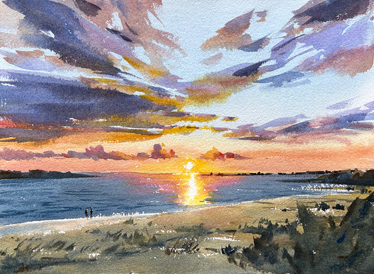 Ina Xi - Ocean Shores Sunset, Original watercolor, 14x11 framed