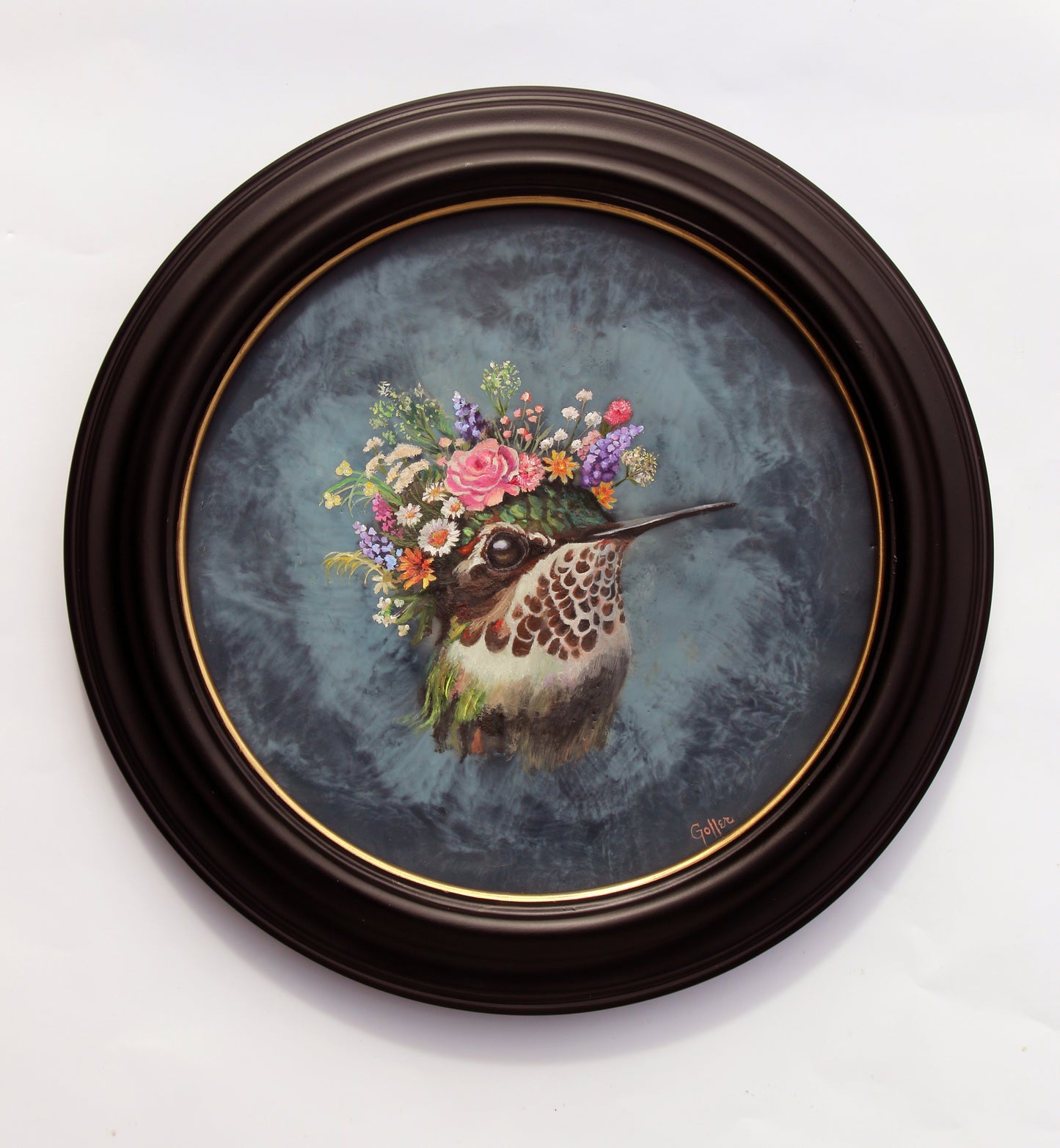 CARRIE GOLLER - *** SOLD *** Odette (Floriferous Collection), Mixed Media Oil/Encaustic, 8x8 Miniature (Hummingbird) ***At Rehs Contemporary Galleries, NYC, please inquire at (212) 355-5710