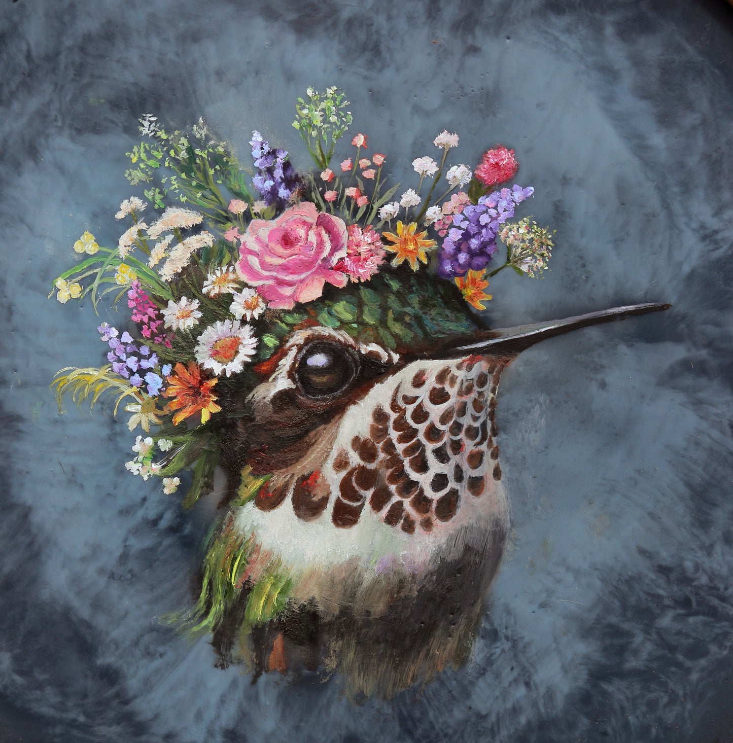CARRIE GOLLER - *** SOLD *** Odette (Floriferous Collection), Mixed Media Oil/Encaustic, 8x8 Miniature (Hummingbird) ***At Rehs Contemporary Galleries, NYC, please inquire at (212) 355-5710