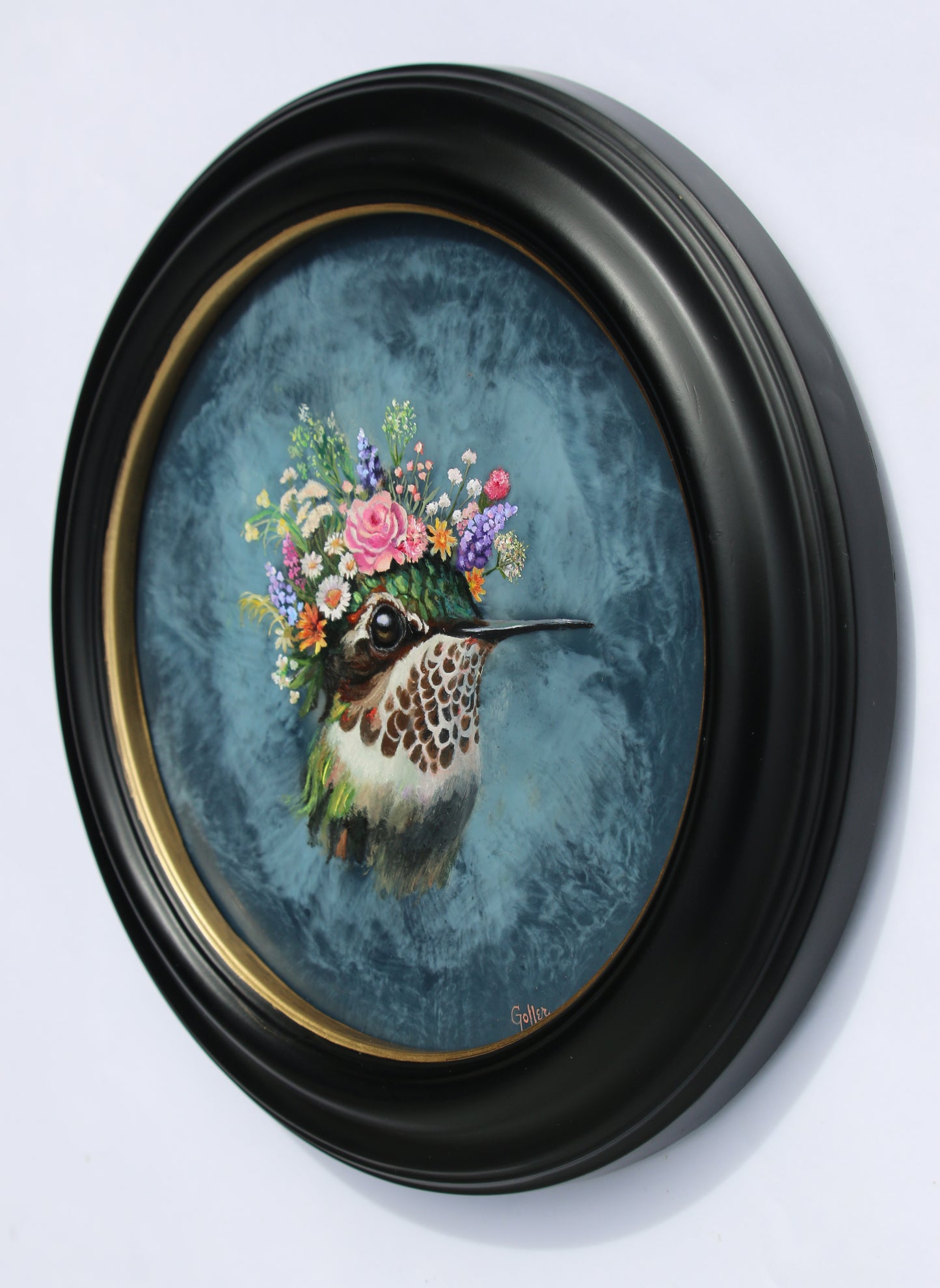 CARRIE GOLLER - *** SOLD *** Odette (Floriferous Collection), Mixed Media Oil/Encaustic, 8x8 Miniature (Hummingbird) ***At Rehs Contemporary Galleries, NYC, please inquire at (212) 355-5710