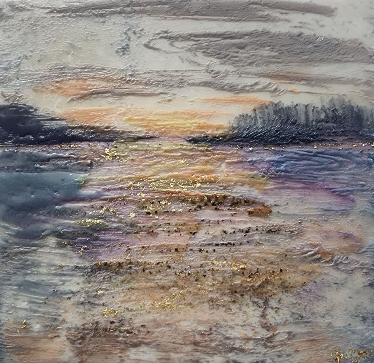 Carrie Goller - PNW Fog, Mixed Media - Oil/Encaustic with Metal Leaf, 5.5 x 5.5