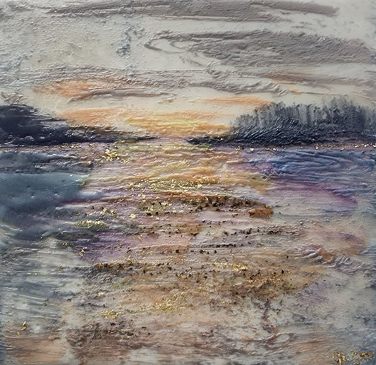 Carrie Goller - PNW Fog, Mixed Media - Oil/Encaustic with Metal Leaf, 5.5 x 5.5