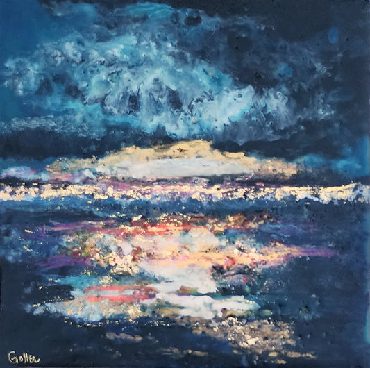 Prints availalble, original ***SOLD*** Carrie Goller - PNW Storm, Encaustic/Mixed Media 8.75x8.5