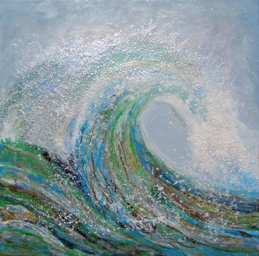 Prints available, original ***SOLD*** Carrie Goller - Pacifica VIII, encaustic/mixed media 36x36 - (previously part of Bainbridge Island Museum of Art solo summer exhibit 2018)