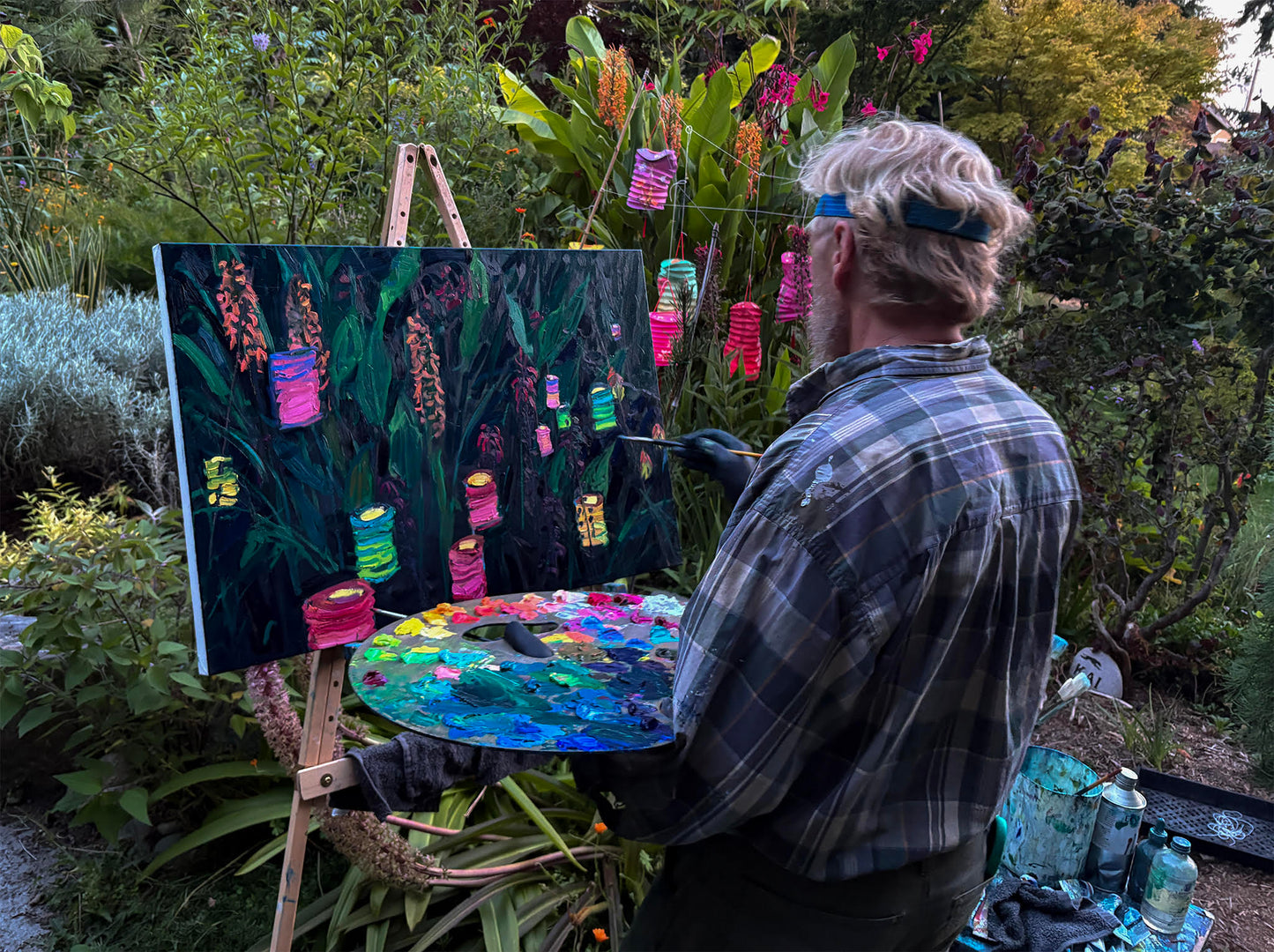 BRIAN MAHIEU - Paper Lanterns, Ginger and Cannas—Nightfall, Plein Air Oil, 24" X 36"