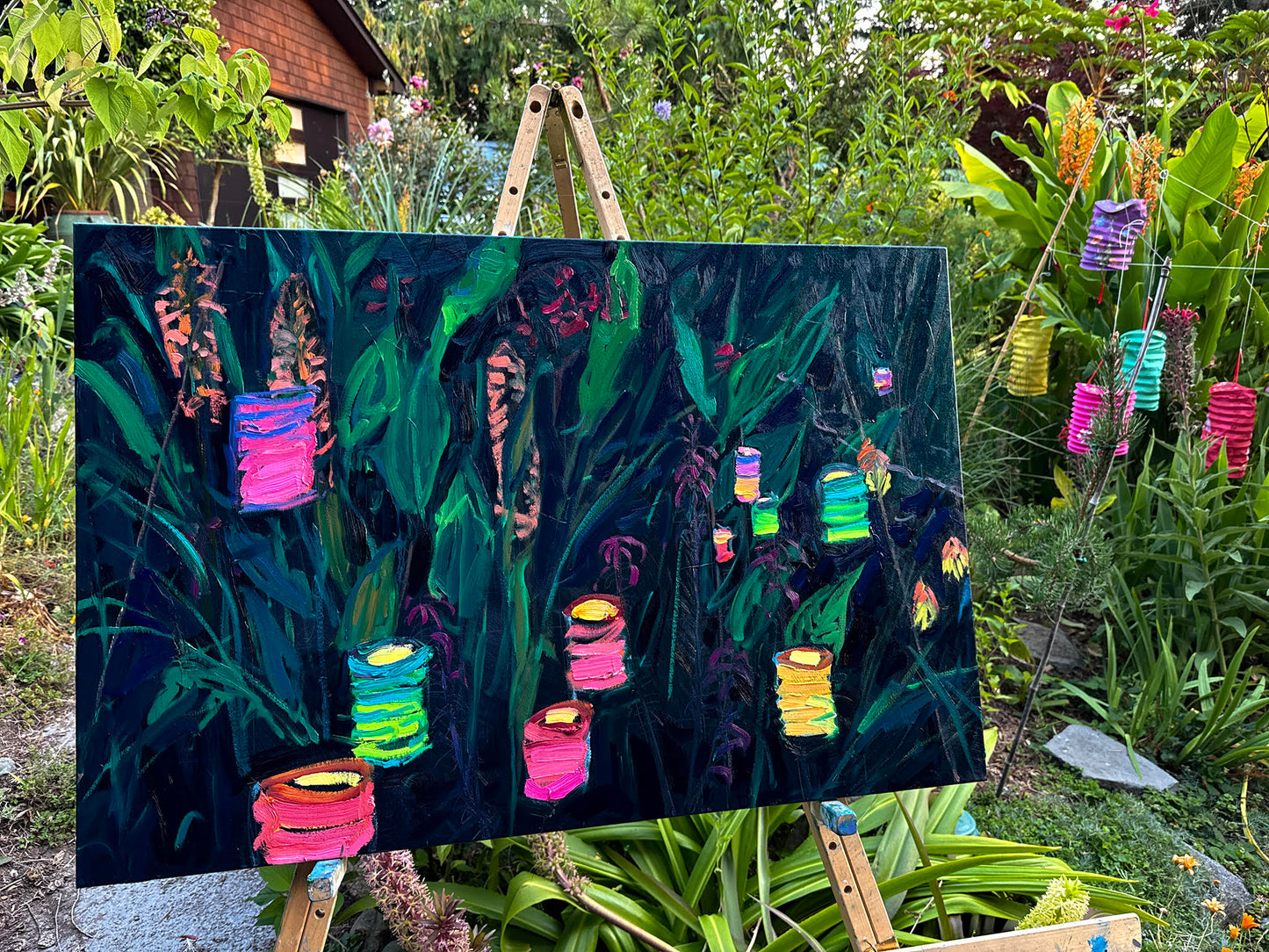 BRIAN MAHIEU - Paper Lanterns, Ginger and Cannas—Nightfall, Plein Air Oil, 24" X 36"