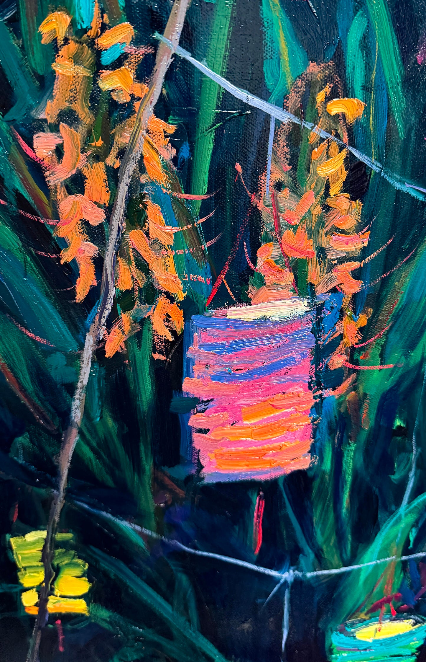 BRIAN MAHIEU - Paper Lanterns, Ginger and Cannas—Nightfall, Plein Air Oil, 24" X 36"