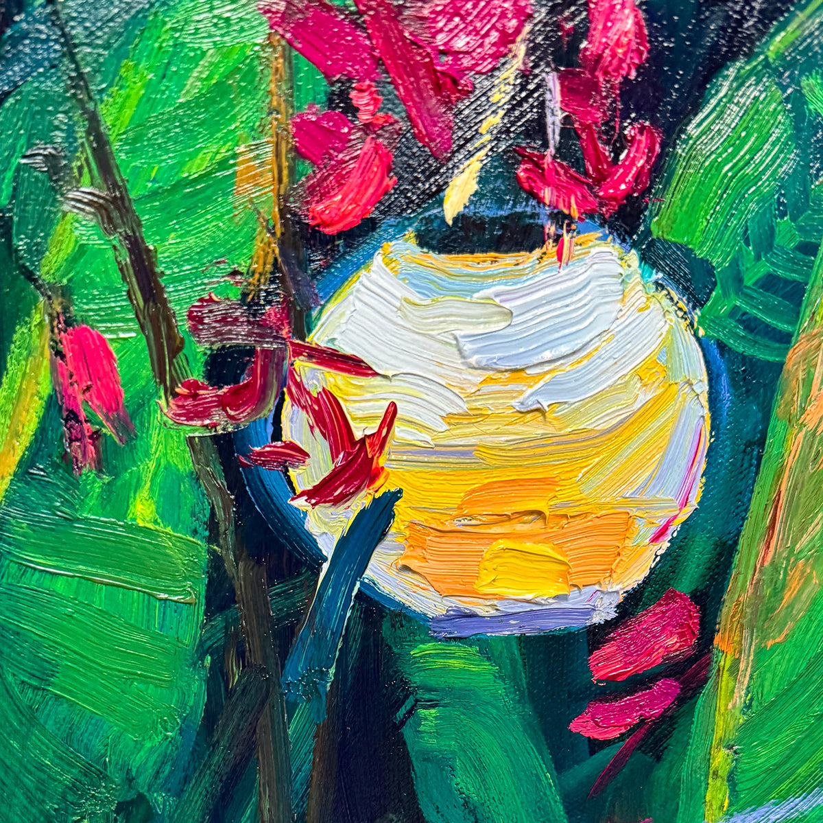 BRIAN MAHIEU - Paper Lanterns, Ginger and Cannas—Nightfall, Plein Air Oil, 24" X 36"