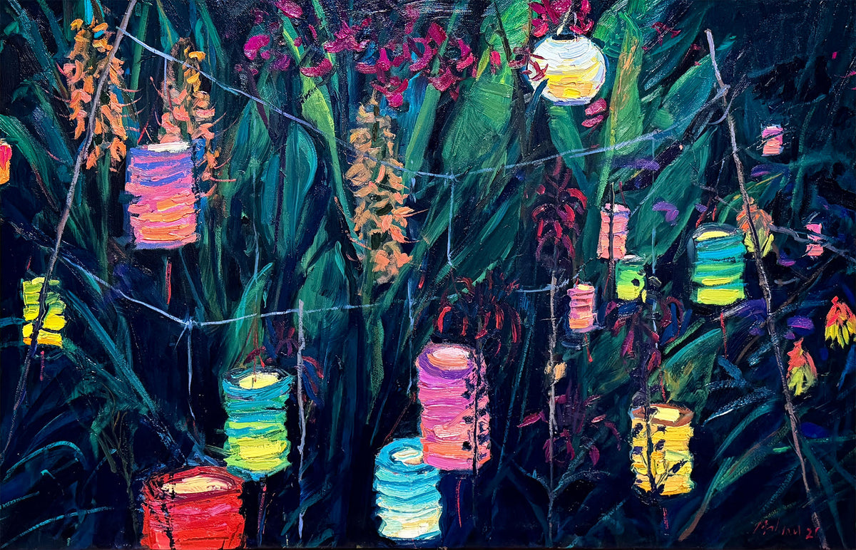 BRIAN MAHIEU - Paper Lanterns, Ginger and Cannas—Nightfall, Plein Air Oil, 24" X 36"