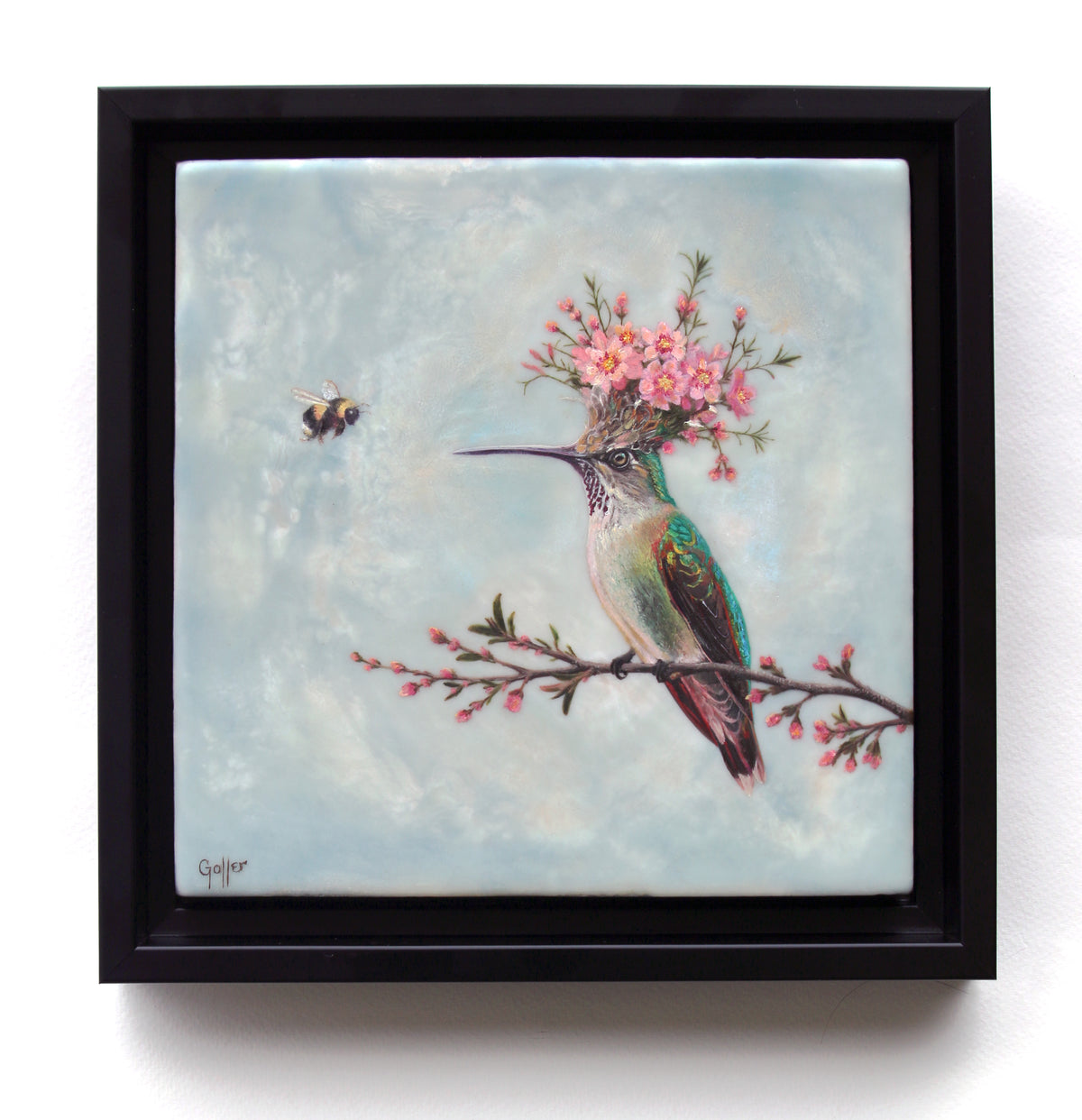 CARRIE GOLLER - Peridot (Floriferous Hummingbird), Mixed Media - Oil/Encaustic 8"x 8" ***At Jones & Terwilliger Galleries, Carmel, CA please inquire at (831) 626-9100***