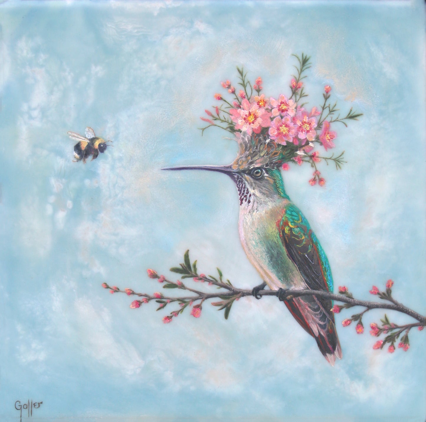 CARRIE GOLLER - Peridot (Floriferous Hummingbird), Mixed Media - Oil/Encaustic 8"x 8"