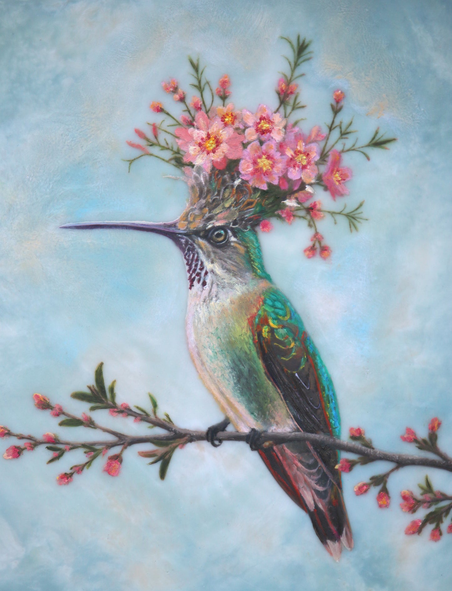 CARRIE GOLLER - Peridot (Floriferous Hummingbird), Mixed Media - Oil/Encaustic 8"x 8"