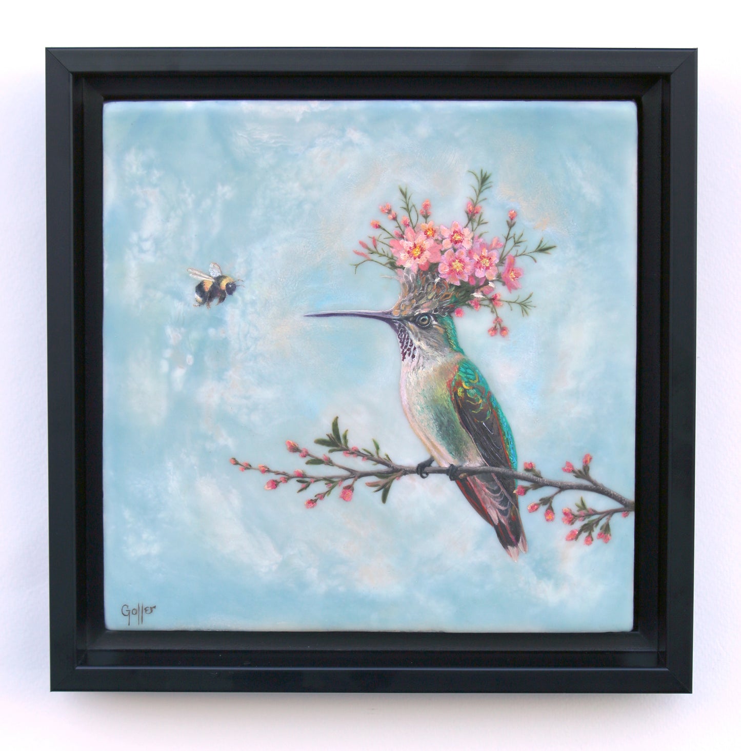 CARRIE GOLLER - Peridot (Floriferous Hummingbird), Mixed Media - Oil/Encaustic 8"x 8"
