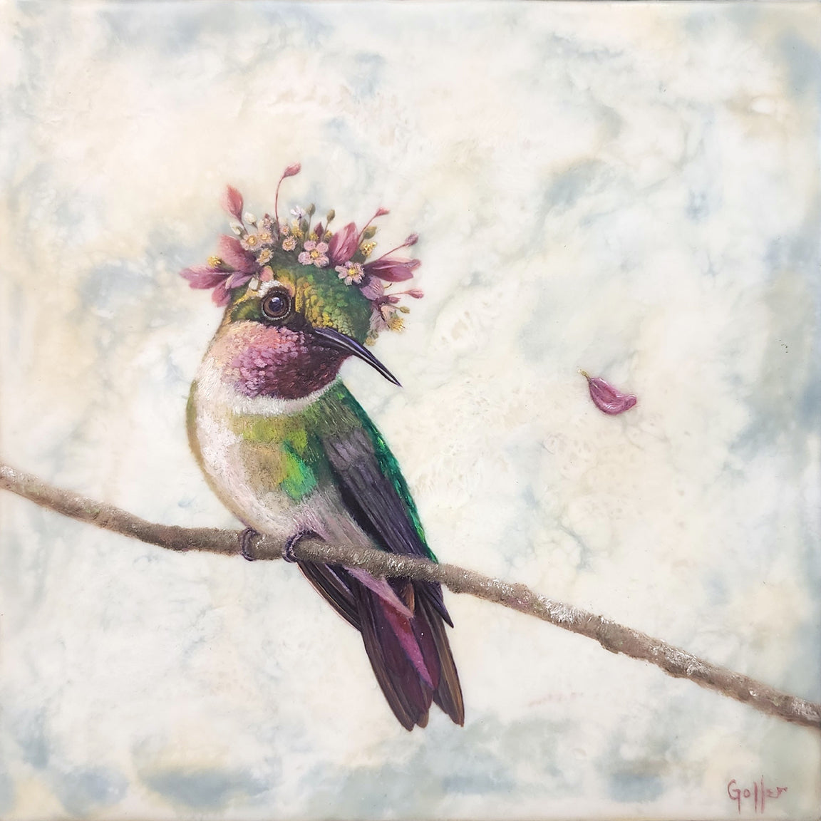 CARRIE GOLLER - Petal (Floriferous Hummingbird), Mixed Media - Oil/Encaustic 8"x 8"