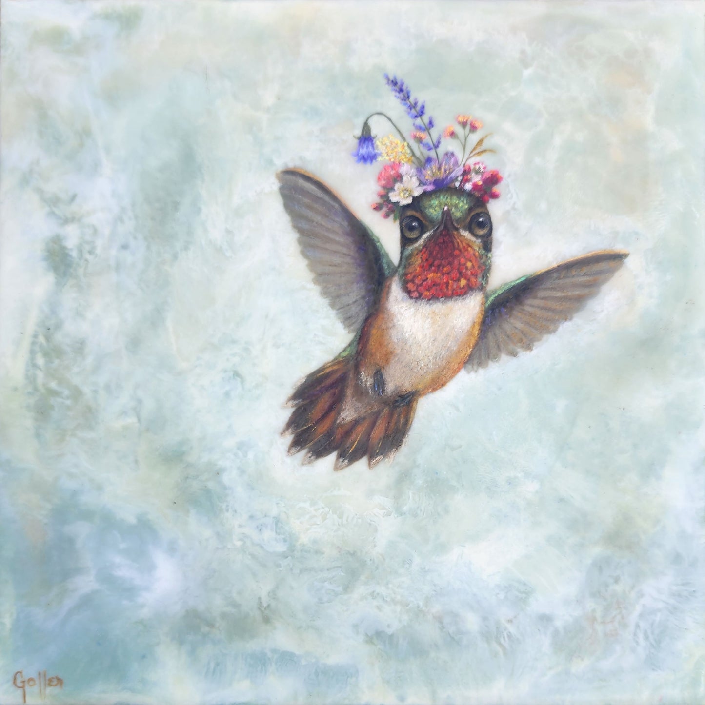 Prints available, original ***SOLD*** CARRIE GOLLER - Phoebe, Floriferous collection (hummingbird) 8 x 8 Mixed Media – Oil/Encaustic