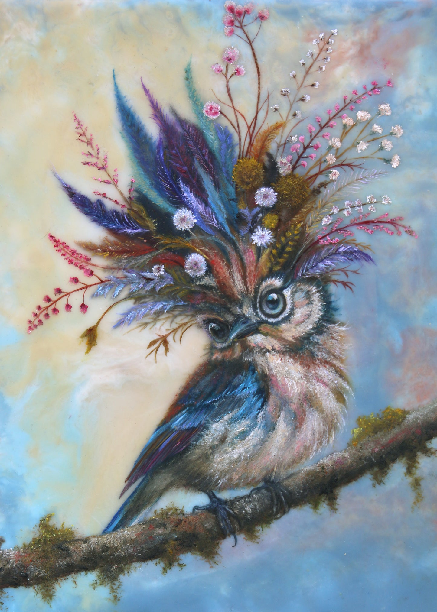 CARRIE GOLLER - Piccolo (Floriferous Bird), Mixed Media - Oil/Encaustic 8"x 8" ***At Seattle Art Fair with Rehs Contemporary Galleries, NYC, please inquire at (212) 355-5710***