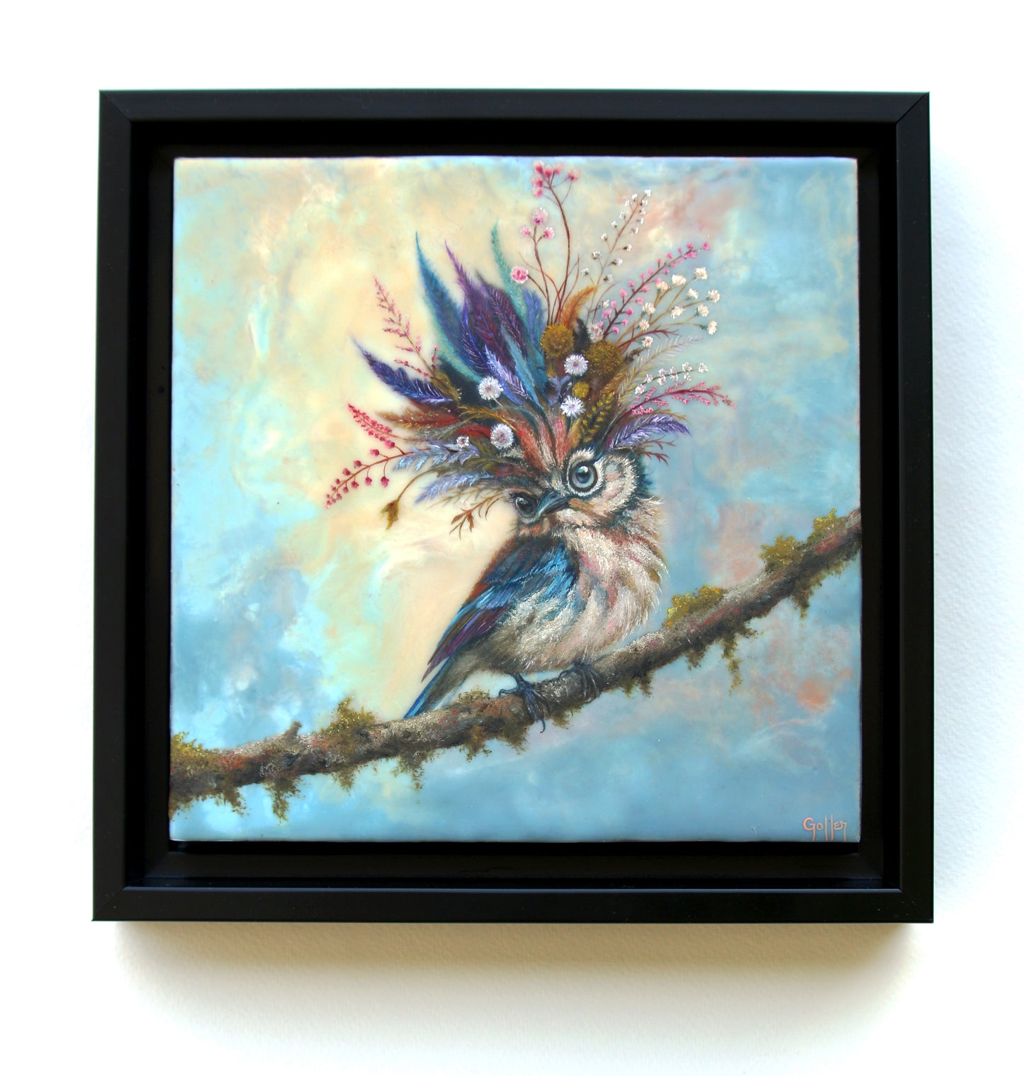 CARRIE GOLLER - Piccolo (Floriferous Bird), Mixed Media - Oil/Encaustic 8"x 8" ***At Seattle Art Fair with Rehs Contemporary Galleries, NYC, please inquire at (212) 355-5710***