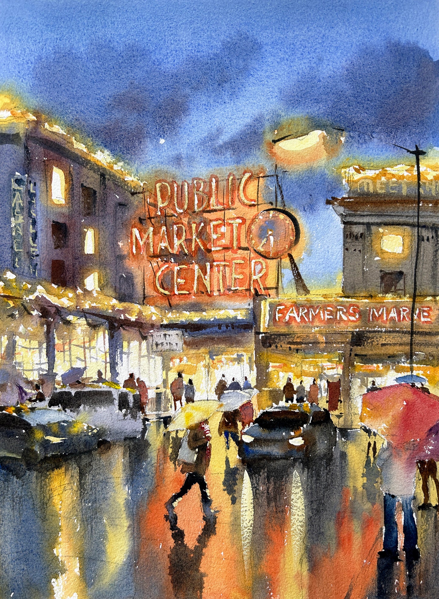 Ina Xi - Pike Place Nightfall, Original Watercolor, 13x17(framed)