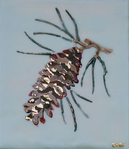 Prints available, original ***SOLD*** CARRIE GOLLER - NATURAL SERIES,  Pine Cone Encaustic and Gold Leaf 5.25x5