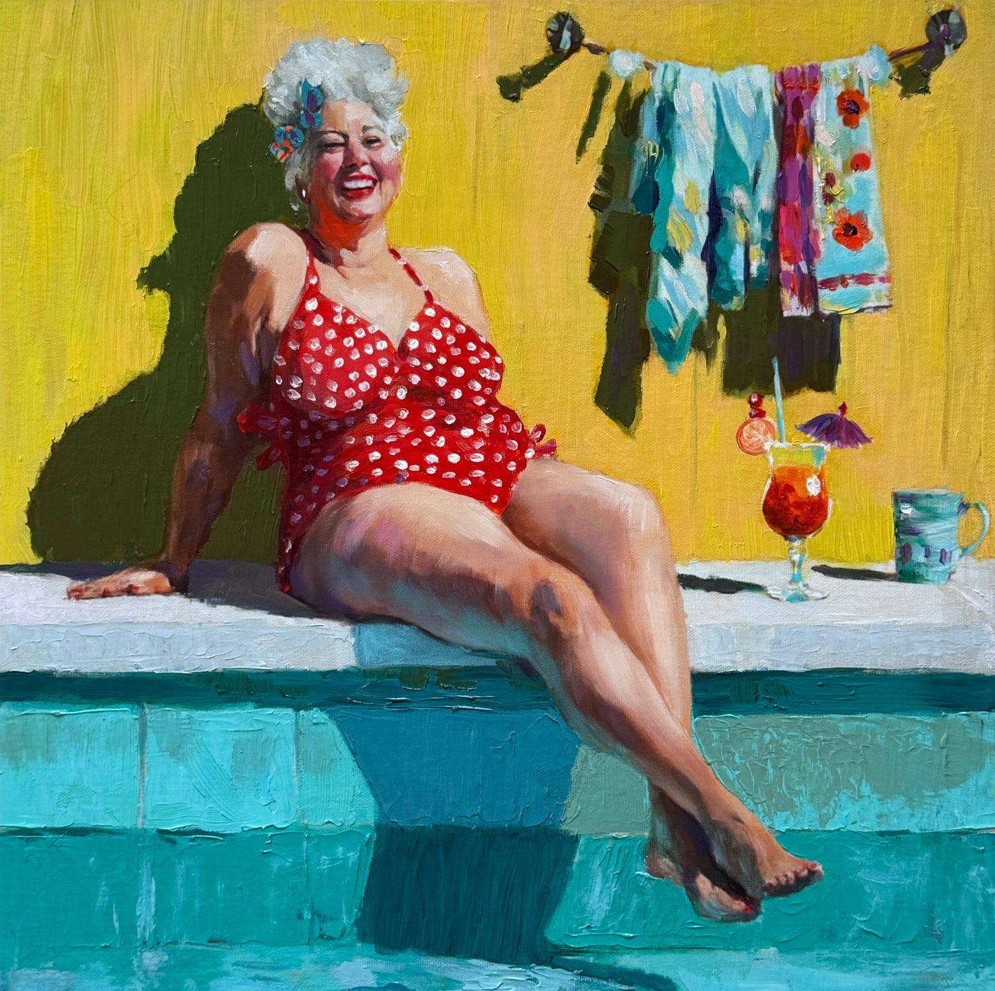 JANDI SMALL -  Polka-Dots Poolside 1, Oil on canvas panel, 16”w x 16”h x 1.5”