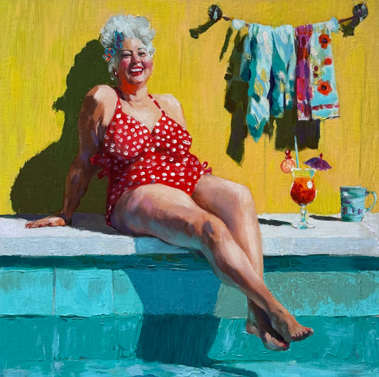 JANDI SMALL -  Polka-Dots Poolside 1, Oil on canvas panel, 16”w x 16”h x 1.5”