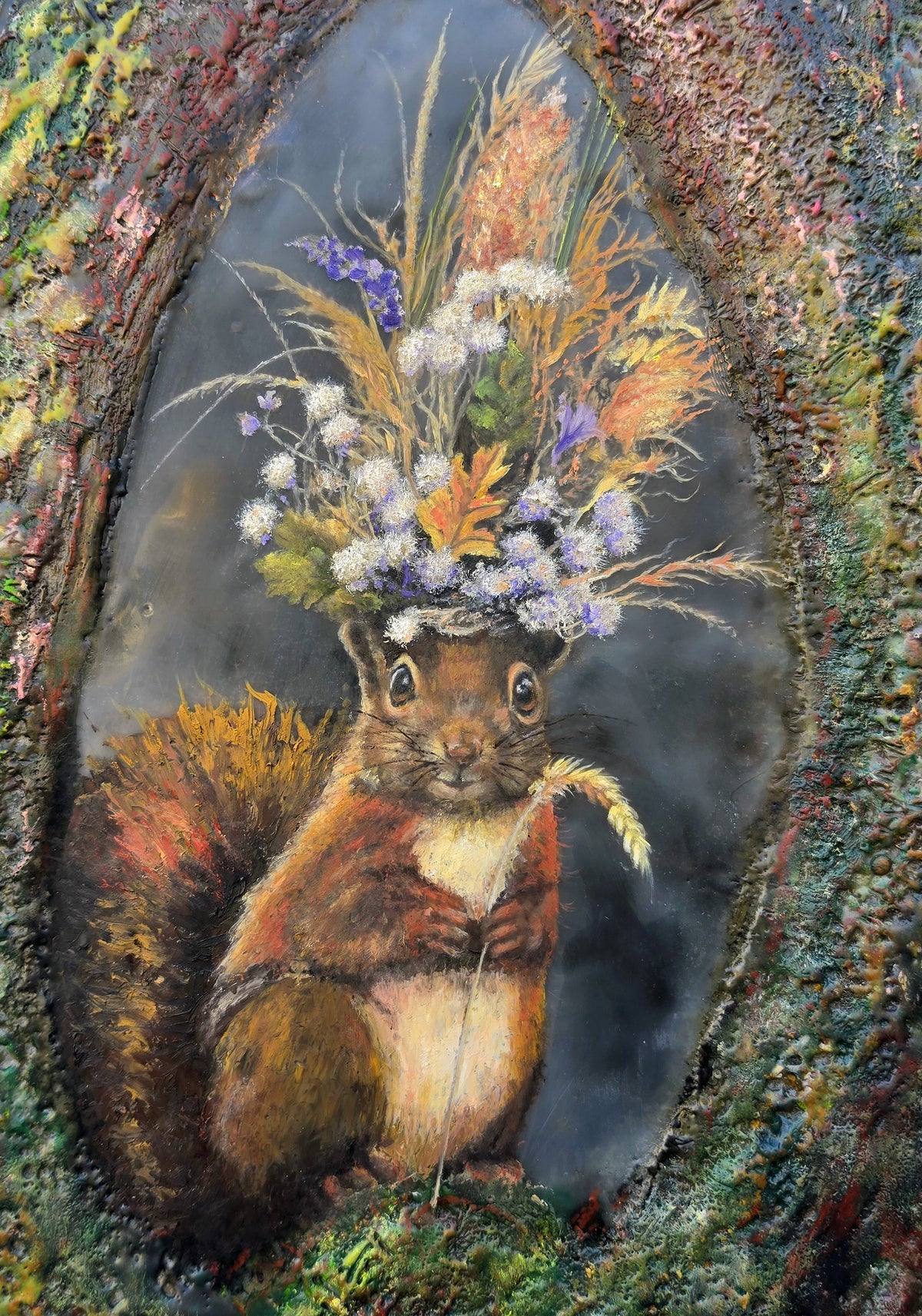 CARRIE GOLLER - Pope of the Forest (Floriferous Squirrel), Mixed Media - Oil/Encaustic 14"x11"