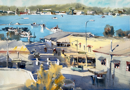 Ina Xi - Port Orchard Waterfront, Original Watercolor, 21.5"x16.5" framed