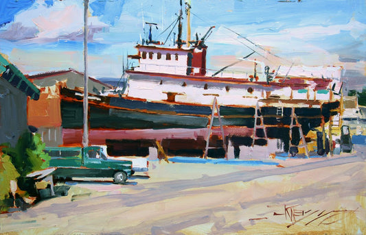 ***SOLD, Prints available*** ROBIN WEISS - Port Townsend Boat Yard, oil plein air oil, 14x9