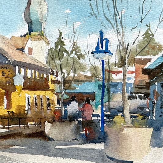 Ina Xi - Poulsbo Alley No.2, Watercolor paper on wood canvas, 6"x6"x1.5"