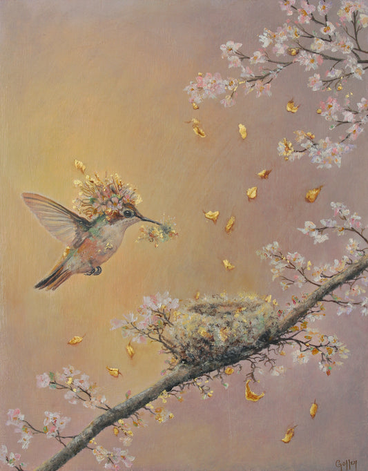 CARRIE GOLLER -  Provision, Floriferous collection (Hummingbird & Nest), Oil/23 K Gold on Wood Panel 14" x 11" ***At Jones and; Terwilliger Galleries, Palm Desert, CA please inquire at (760) 674-8989***