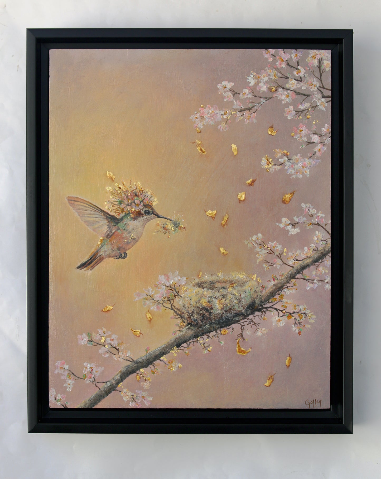 CARRIE GOLLER -  Provision, Floriferous collection (Hummingbird & Nest), Oil/23 K Gold on Wood Panel 14" x 11" ***At Jones and; Terwilliger Galleries, Palm Desert, CA please inquire at (760) 674-8989***