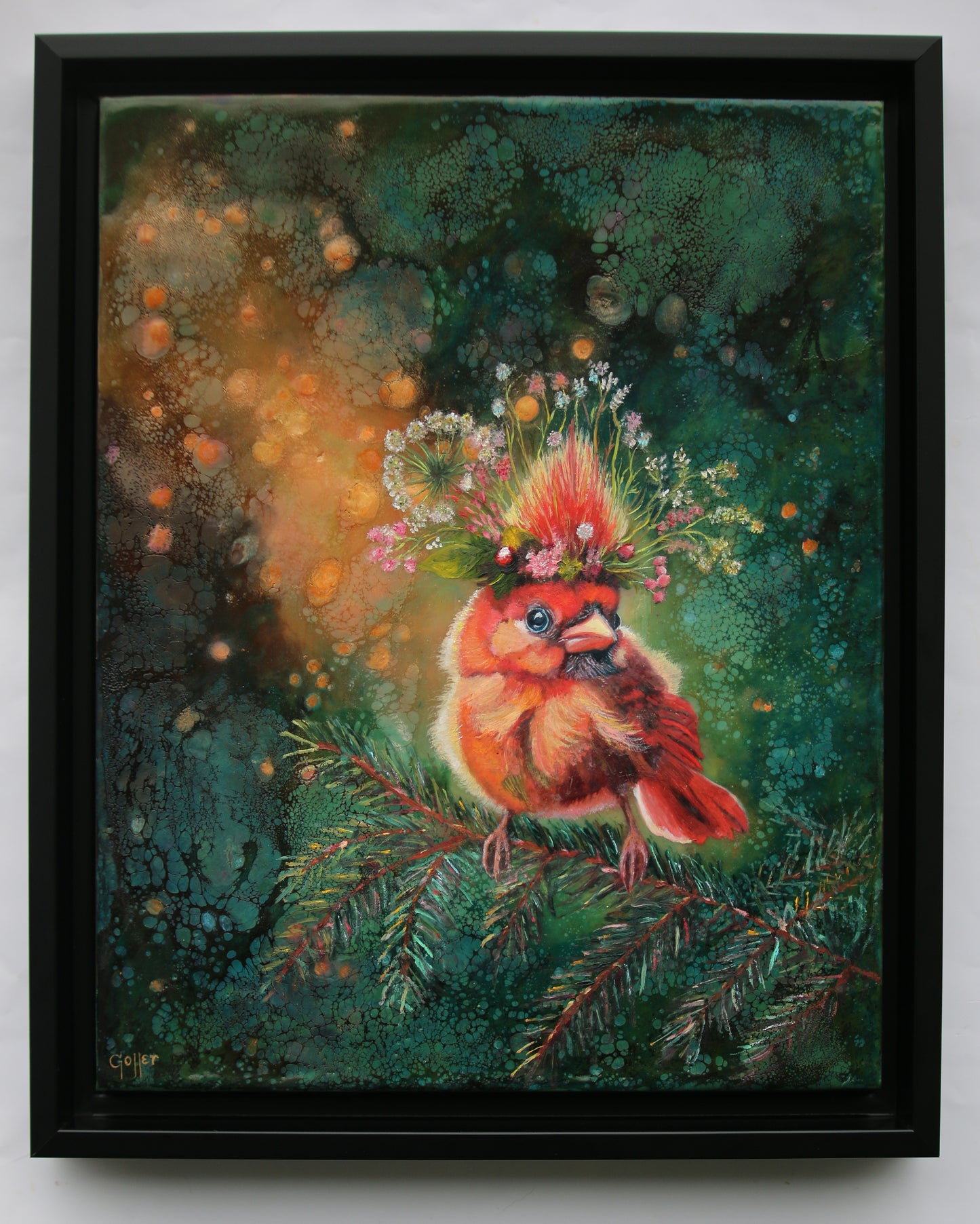 CARRIE GOLLER - Quinn, Floriferous Cardinal Bird, Mixed Media - Oil/Encaustic, 14x11 (framed) ***At Rehs Contemporary Galleries, NYC; please inquire at (212) 355-5710***