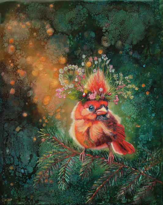 CARRIE GOLLER - Quinn, Floriferous Cardinal Bird, Mixed Media - Oil/Encaustic, 14x11 (framed) ***At Rehs Contemporary Galleries, NYC; please inquire at (212) 355-5710***