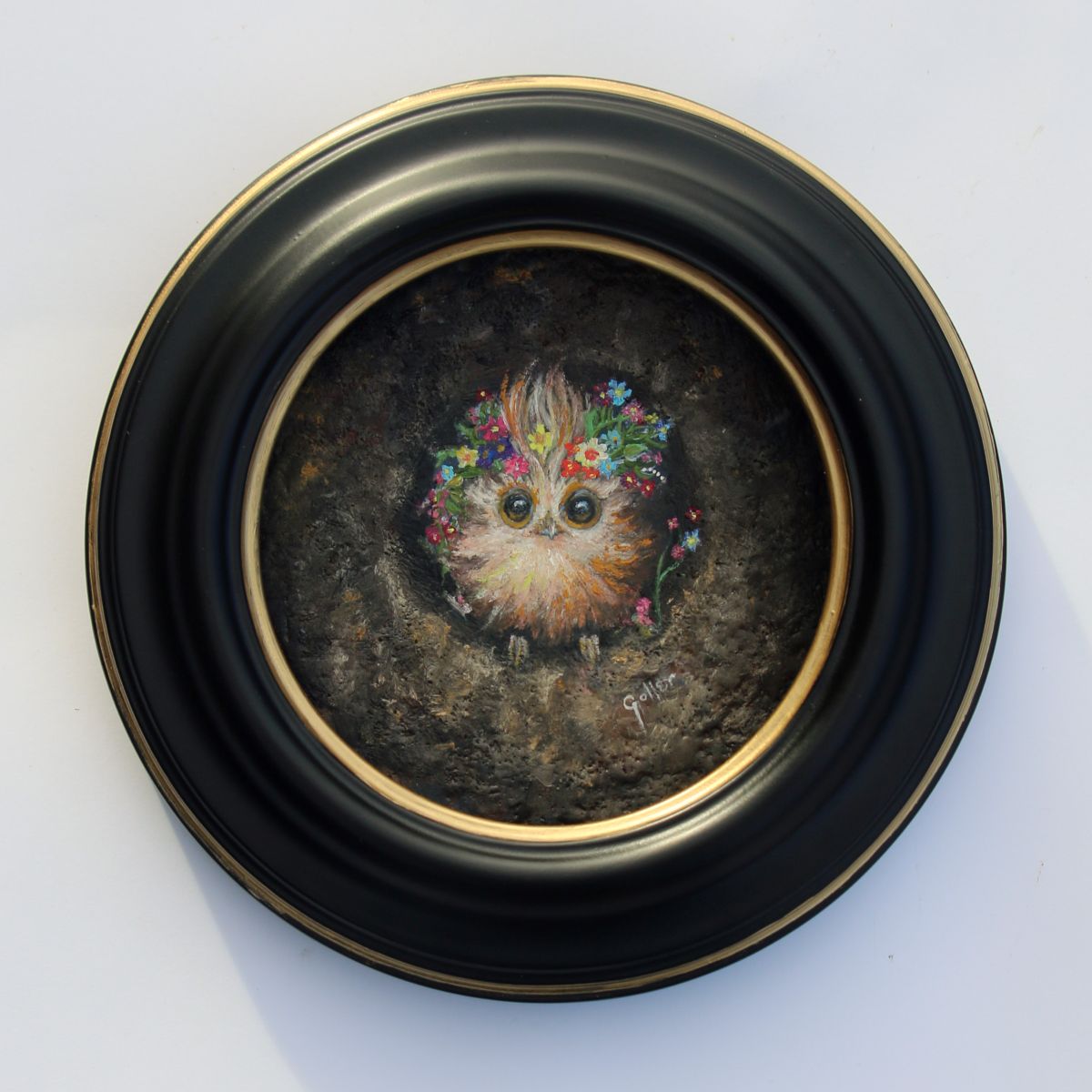 CARRIE GOLLER -  Raoul (Floriferous Wowl), Original Oil/Encaustic Mixed Media, 5x5 ***At Rehs Contemporary Galleries, NYC; please inquire at (212) 355-5710***