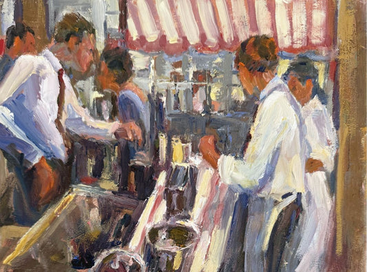 JEANNE EDWARDS - Red Awning Cafe, oil on panel, 9x12  (framed)