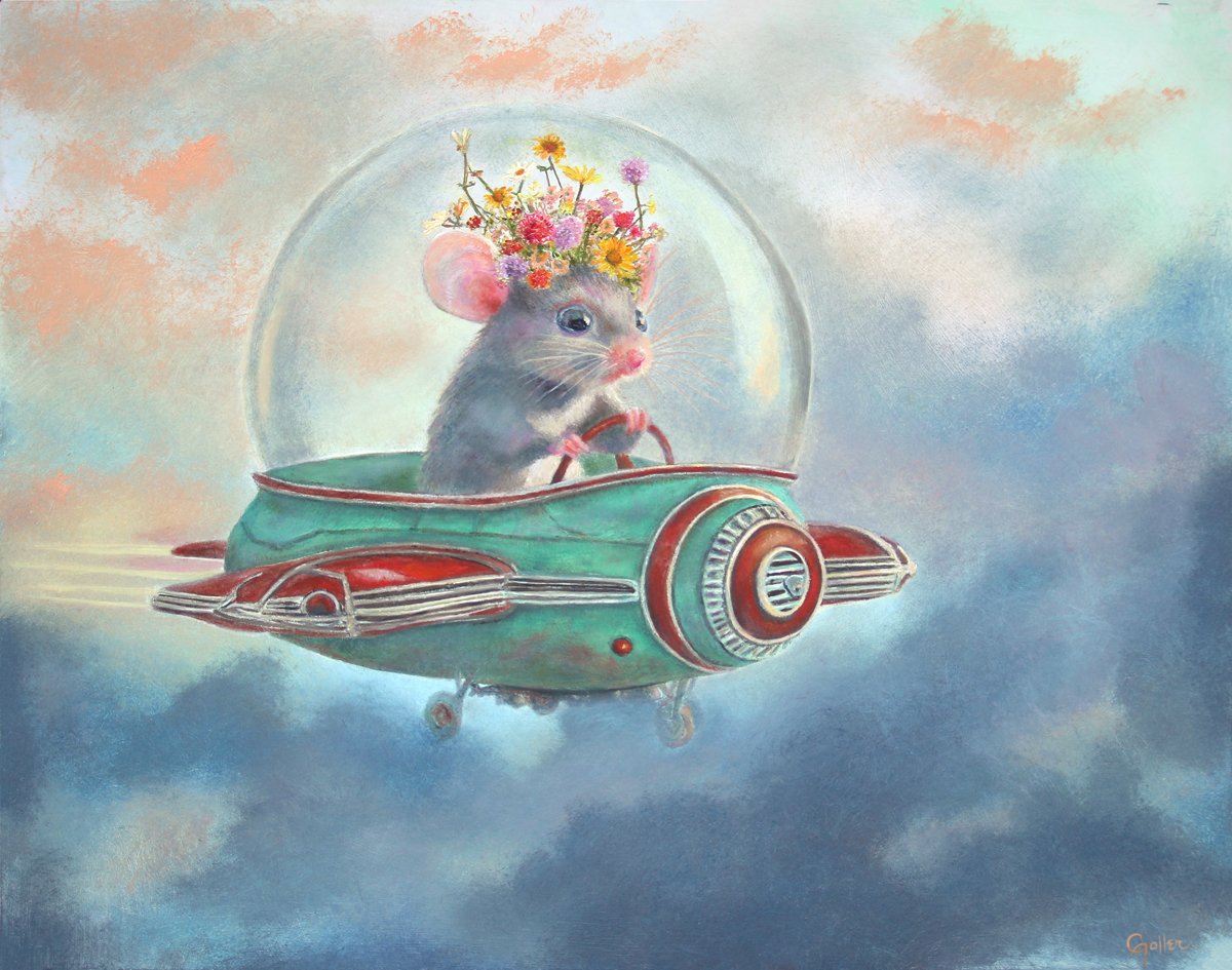 CARRIE GOLLER - Rocky Test Drives the Sunbeam Galactica 3000, oil (Floriferous Collection) Flying Mouse, Oil 11x14 (framed) ***At Rehs Contemporary Galleries, NYC***