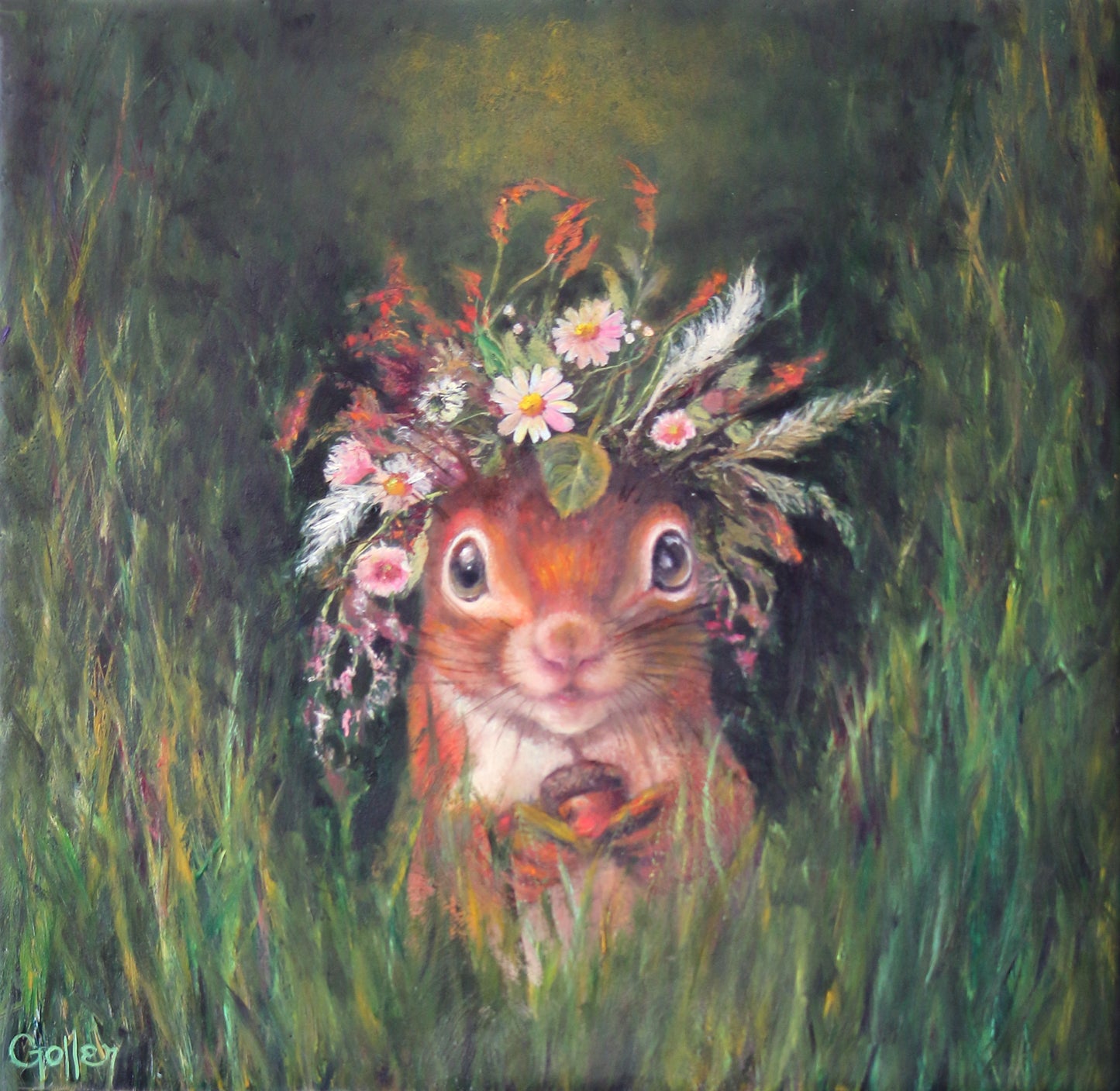 CARRIE GOLLER - Rusty (Floriferous Squirrel), Mixed Media - Oil/Encaustic 8"x 8"