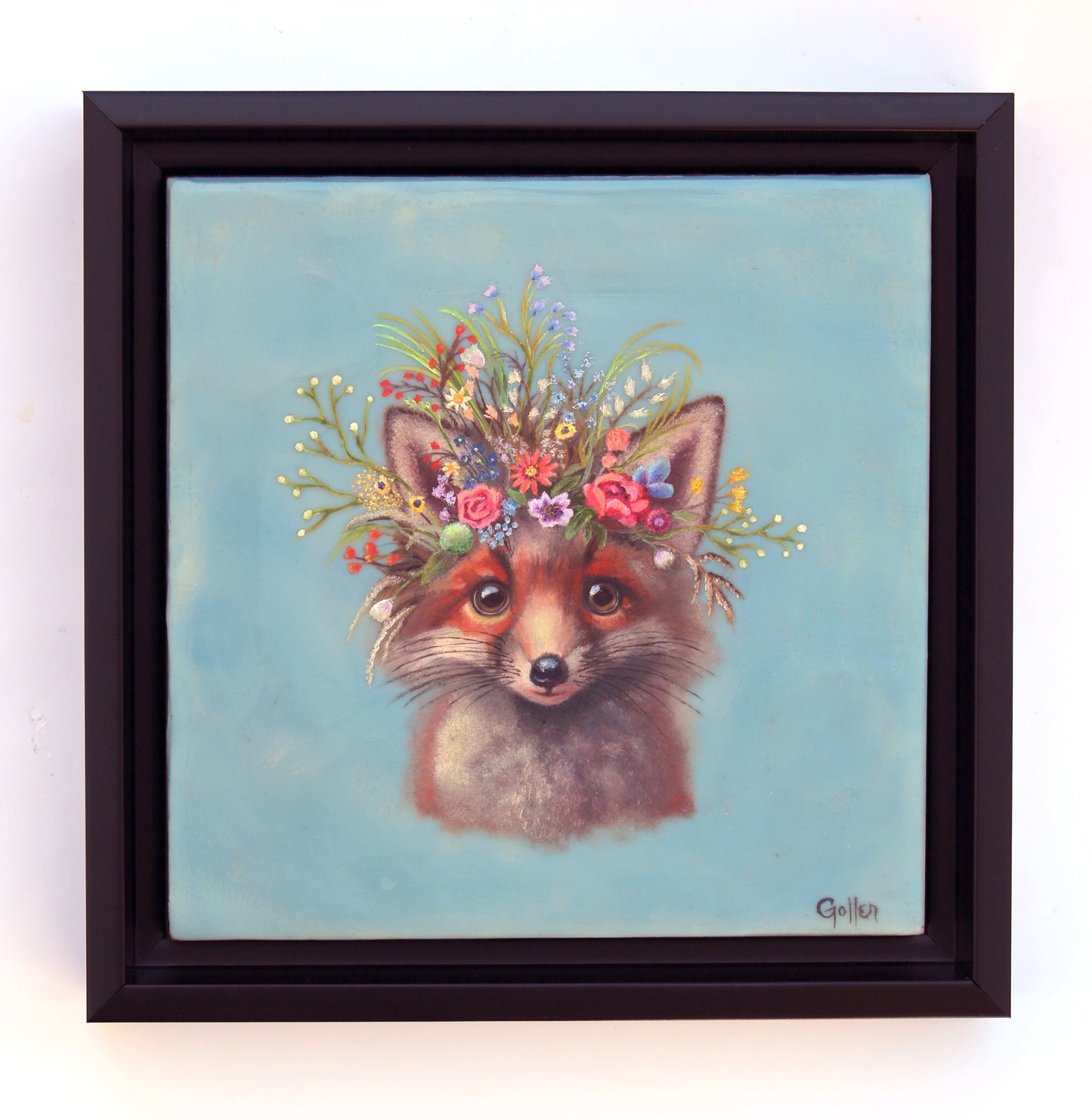 CARRIE GOLLER - *** SOLD *** Sam (Floriferous Collection), Mixed media oil/encaustic 8x8 (Fox) ***At Rehs Contemporary Galleries, NYC, please inquire at (212) 355-5710***
