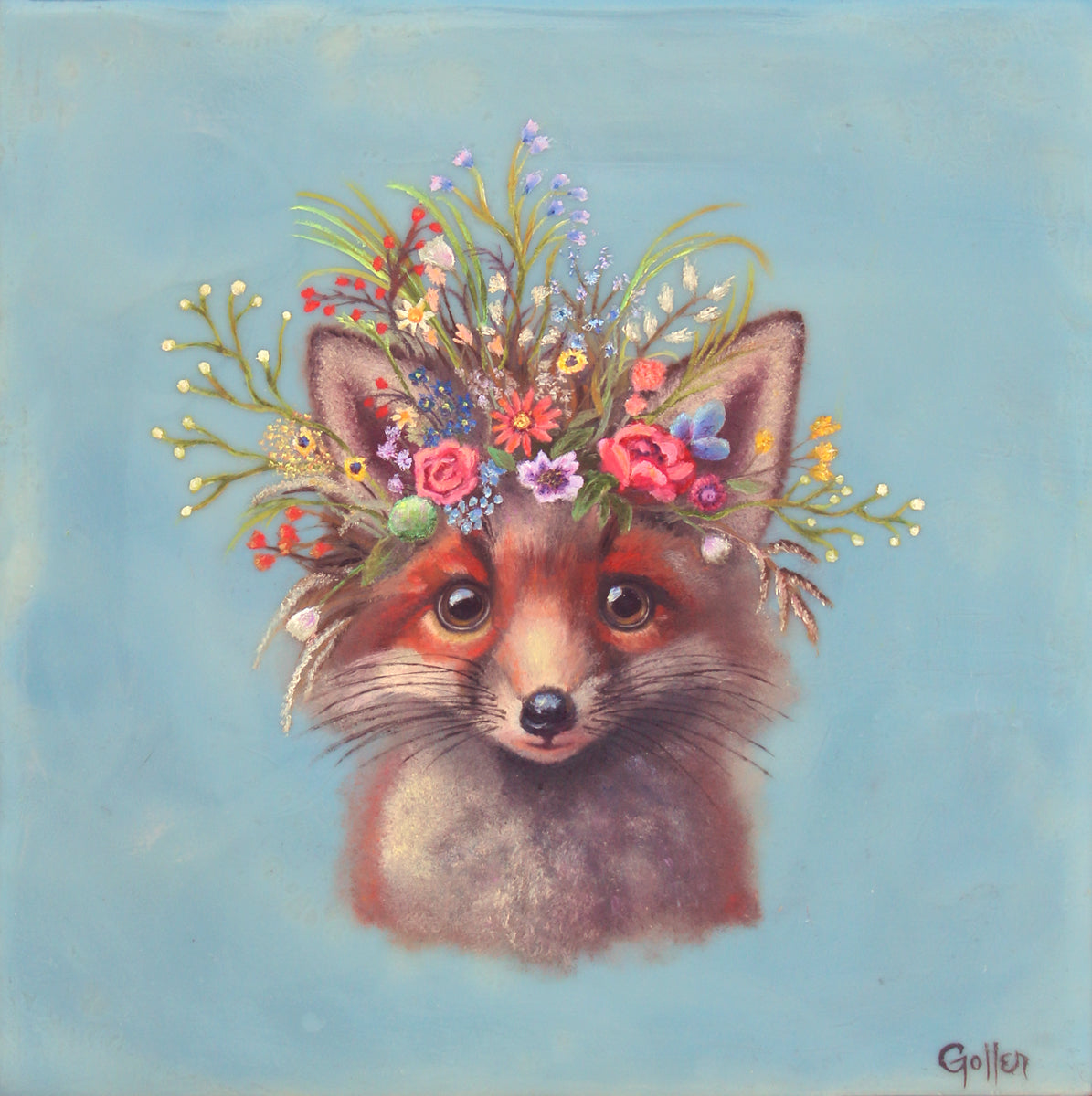 CARRIE GOLLER - *** SOLD *** Sam (Floriferous Collection), Mixed media oil/encaustic 8x8 (Fox) ***At Rehs Contemporary Galleries, NYC, please inquire at (212) 355-5710***