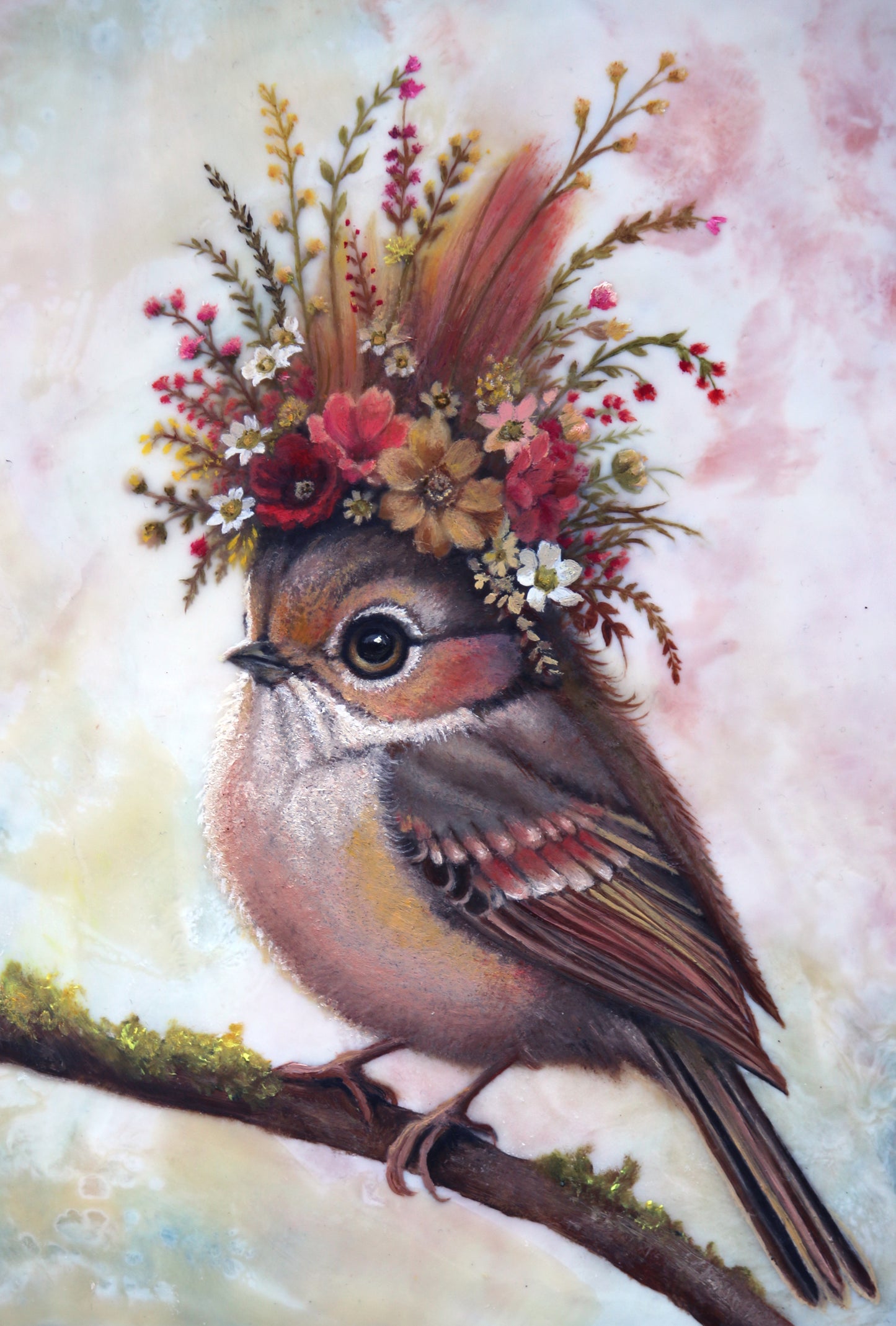 CARRIE GOLLER - Samantha (Floriferous Bird), Mixed Media - Oil/Encaustic 8"x 8" ***At Seattle Art Fair with Rehs Contemporary Galleries, NYC, please inquire at (212) 355-5710***