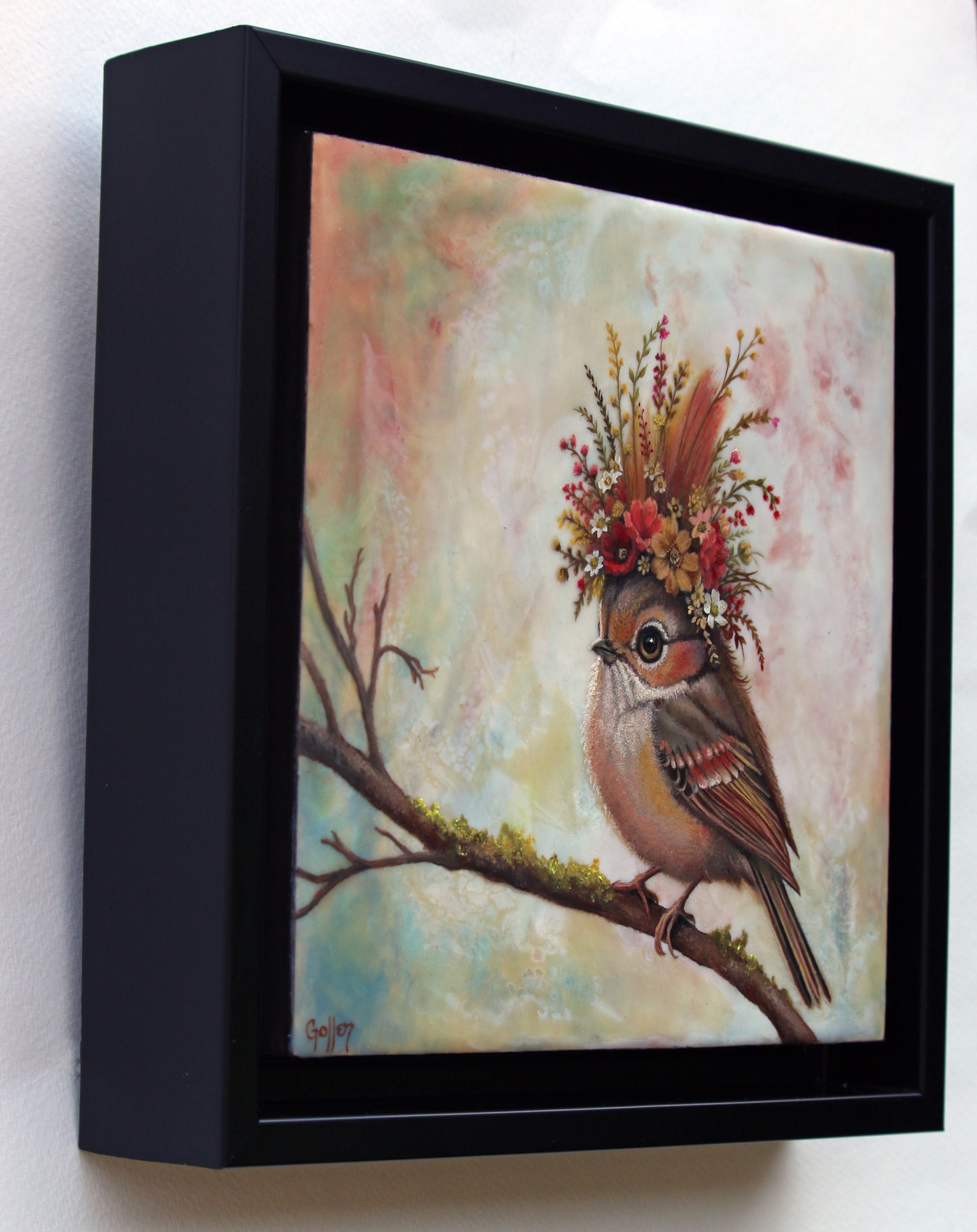 CARRIE GOLLER - Samantha (Floriferous Bird), Mixed Media - Oil/Encaustic 8"x 8" ***At Seattle Art Fair with Rehs Contemporary Galleries, NYC, please inquire at (212) 355-5710***