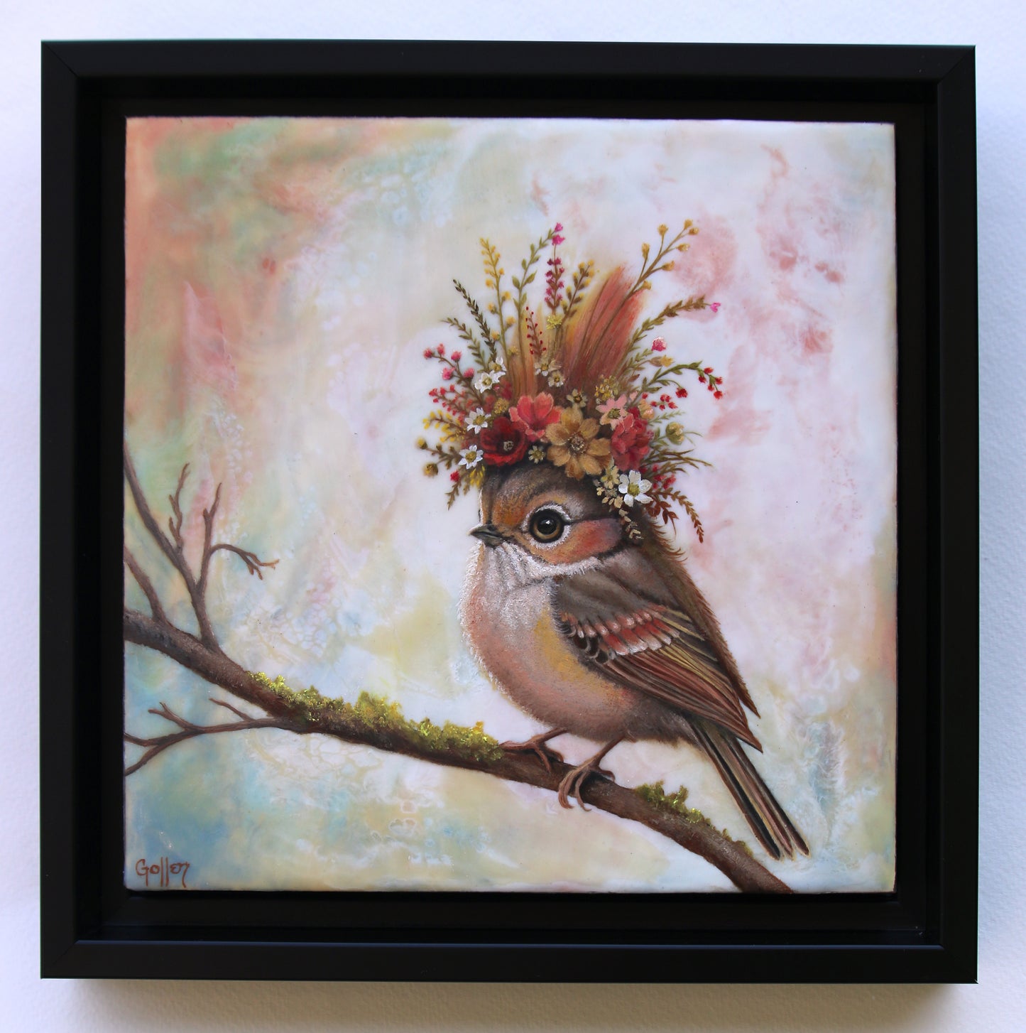 CARRIE GOLLER - Samantha (Floriferous Bird), Mixed Media - Oil/Encaustic 8"x 8" ***At Seattle Art Fair with Rehs Contemporary Galleries, NYC, please inquire at (212) 355-5710***