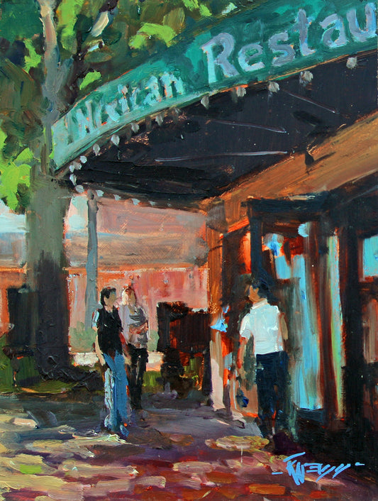 ***SOLD, Prints available*** ROBIN WEISS - Santa Fe Mexican Grill & Cantina, Edmonds, WA, plein air, oil 6x8